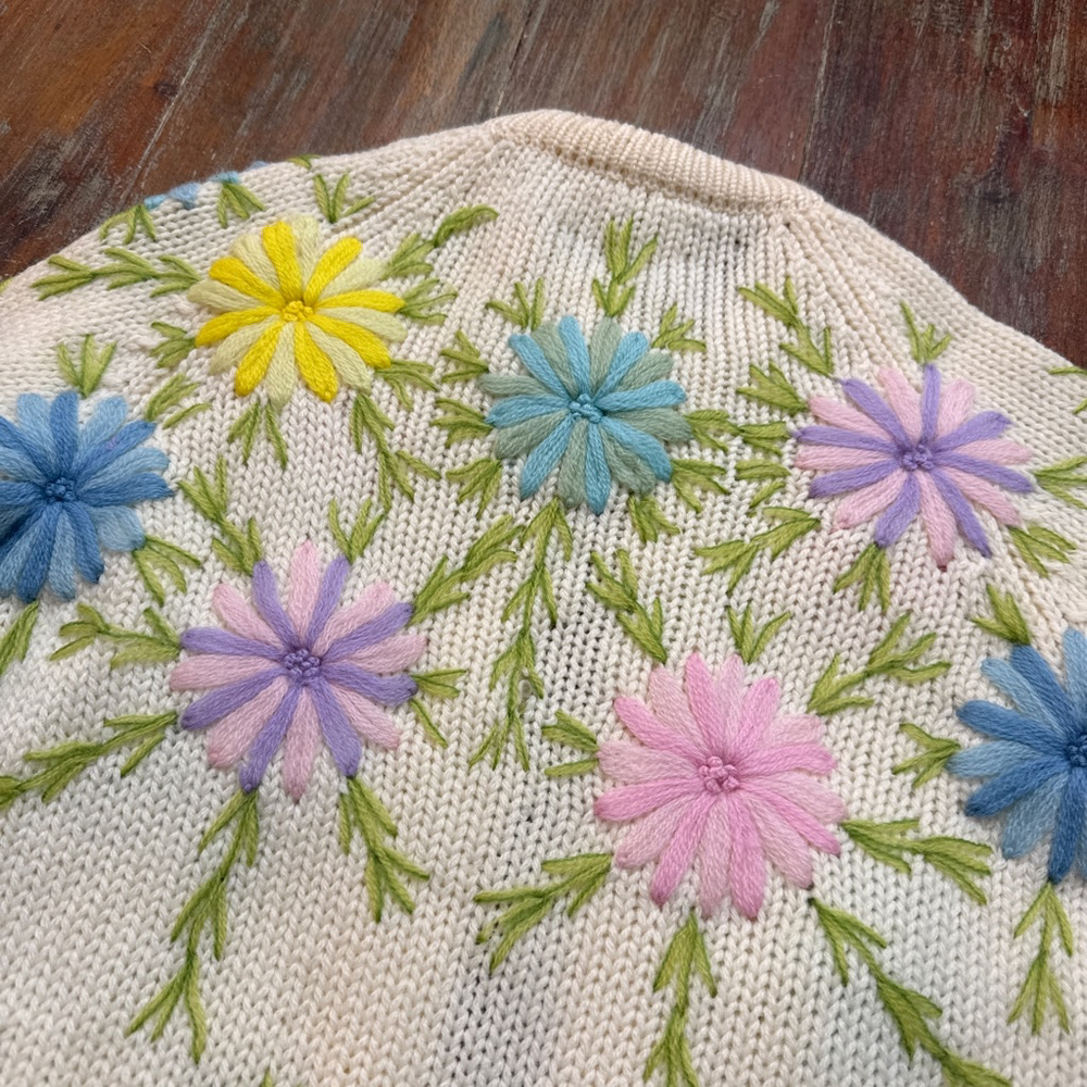 Fully Fashioned Vintage 50s Cream Wool Floral Embroidered Cardigan S - Picture 9 of 9